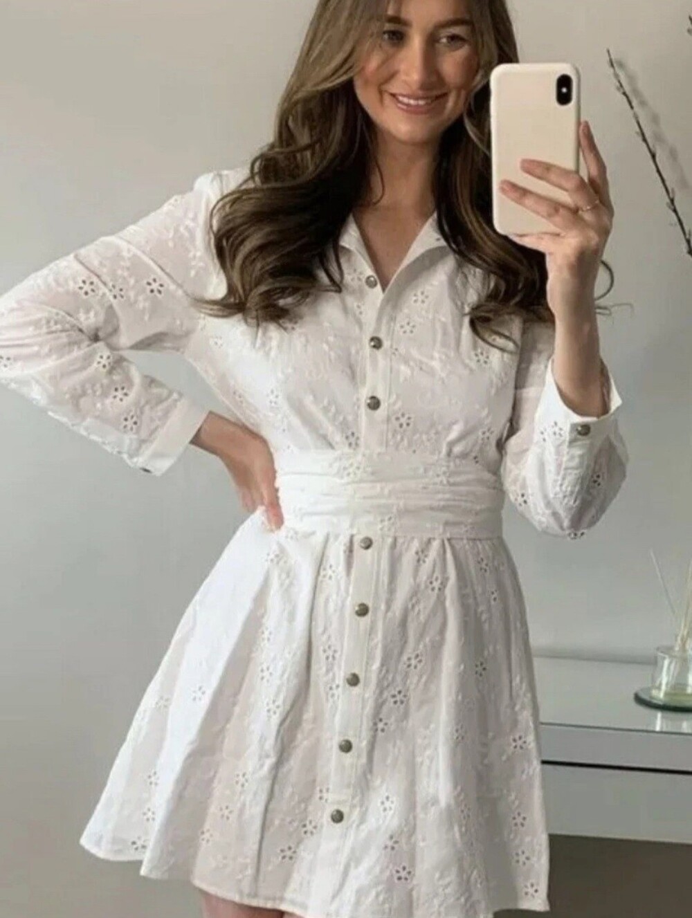 Zara White Eyelet Long-Sleeve Shirt Dress with Waist Tie Size Small